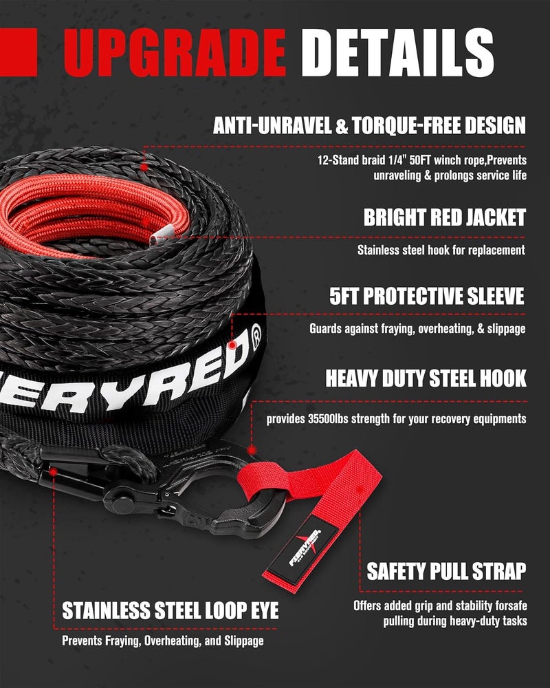 FIERYRED 1/4inch 50FT 9500LBS Synthetic Winch Rope Cable Kit with Forged Hook and Strap, Winch Line Replacement for 3500-6000LBS Winch Off-Road ATV UTV - Image 4